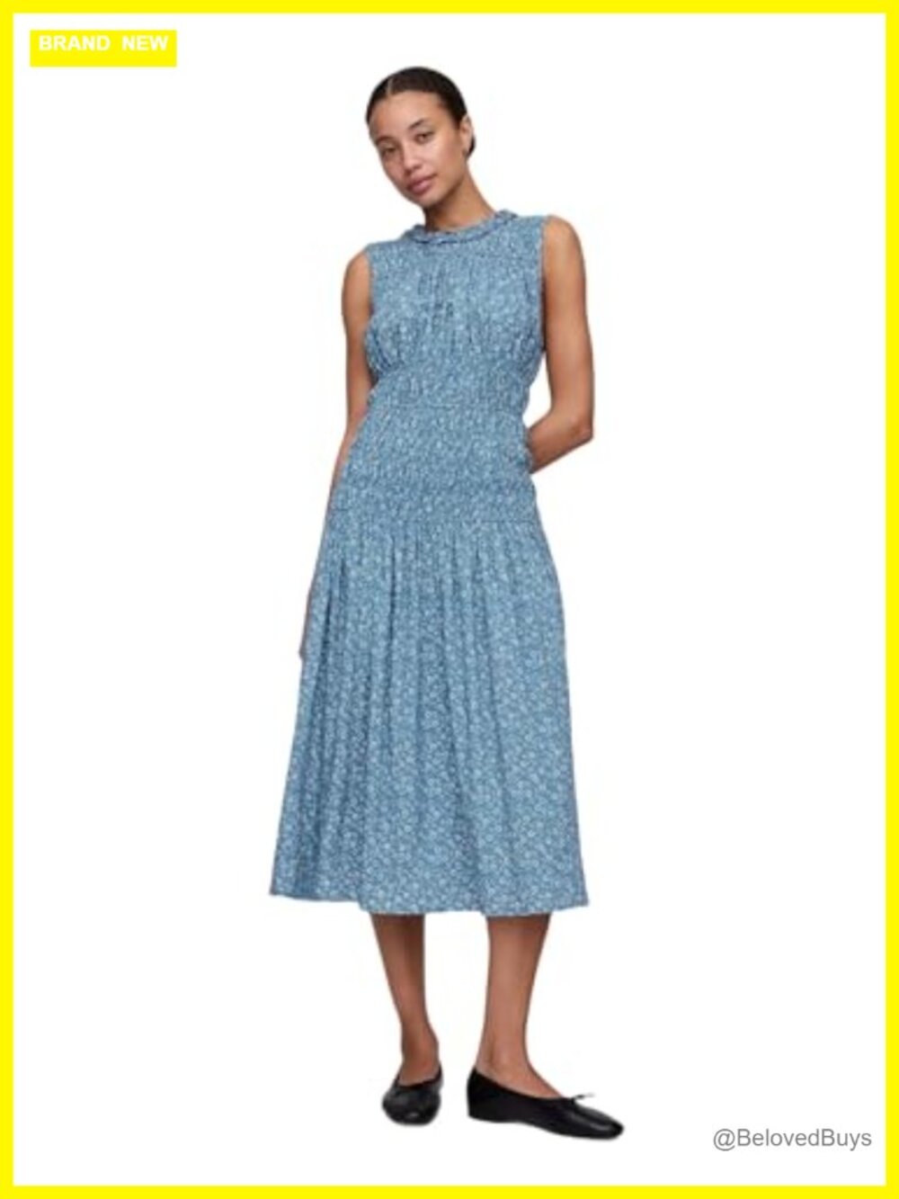 Smocked Bodice Midi Dress Short Sleeve 100% Rayon Pull On